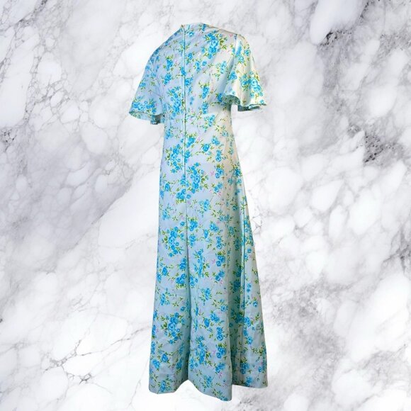 Handmade Vintage Baby Blue Rose Print Floral Prairie Empire Waist Dress - Picture 9 of 12